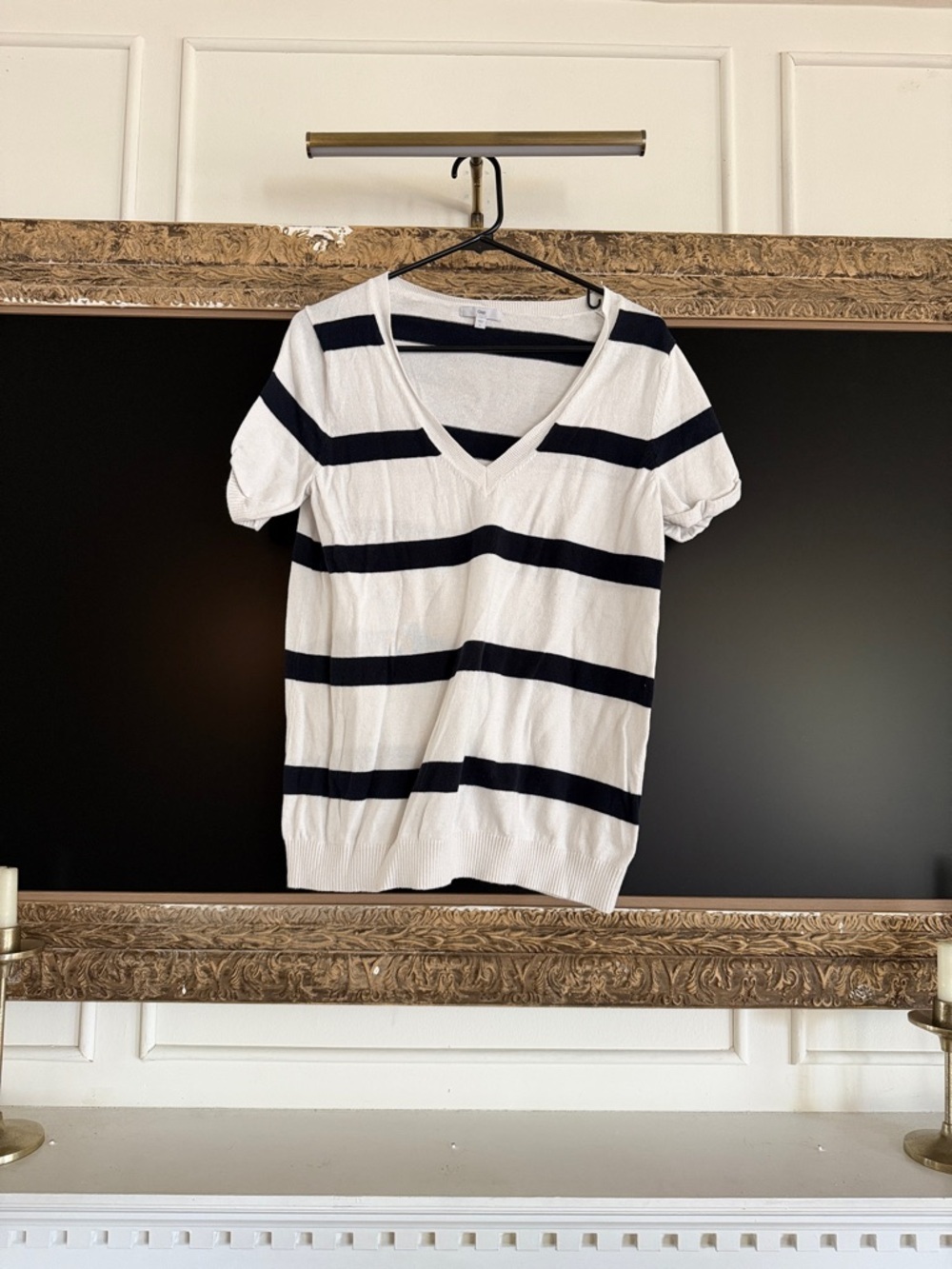 GAP White & Navy V-Neck Short Sleeve Striped Top